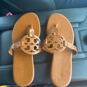 Tory Burch Cognac Leather Logo Thong Sandals